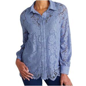 Soft Surroundings Blue Lisa Lace Button Front Long Sleeve Shirt Set Size Medium